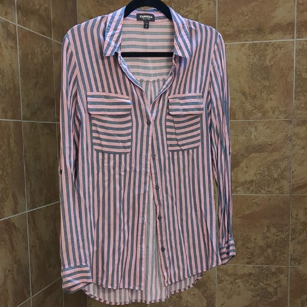 Express Pink and Grey Striped Collared Button-Down